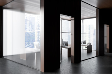 Fototapeta premium Business interior with pc computer on desk, panoramic window on city view