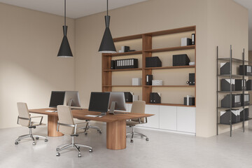 Light workspace interior with pc computer and armchairs with shelf