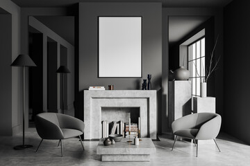 Grey chill interior with chairs and fireplace with coffee table. Mockup frame