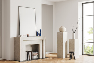 Bright living room interior with empty white poster