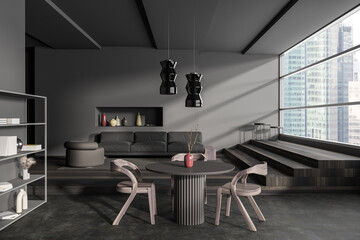 Grey living room interior with eating table and couch, panoramic window