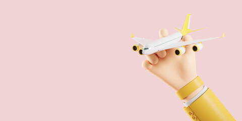 Cartoon hand with airplane, travel and tourism. Copy space