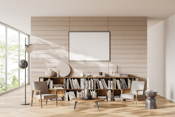 Light relaxing room interior with armchairs and decoration. Mockup frame