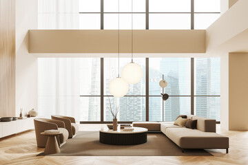 Light relaxing interior with couch, armchairs and panoramic window