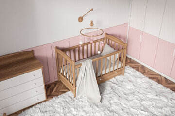 Top view on bright baby room with child bed, wardrobe