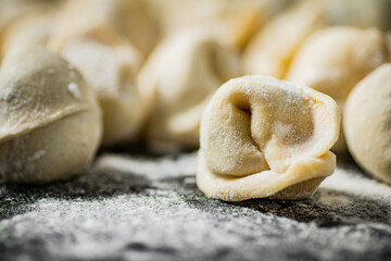 Homemade raw dumplings on the table. 