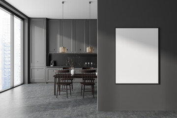 Front view on dark kitchen interior with empty white poster
