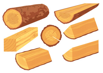 A set of wooden logs and trunk for the timber and lumber industry. Hardwood construction elements vector set. Natural plants for construction and material. Illustration of trunks, stumps and boards.