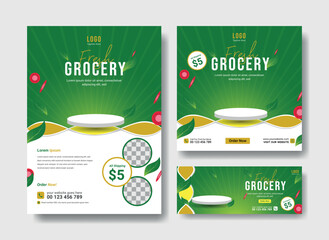 Fresh grocery flyer design template. social media post, flyer, facebook cover template for grocery business. vegetable flyer, post and cover design set
