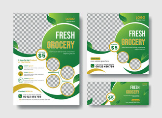 Fresh grocery flyer design template. social media post, flyer, facebook cover template for grocery business. vegetable flyer, post and cover design set