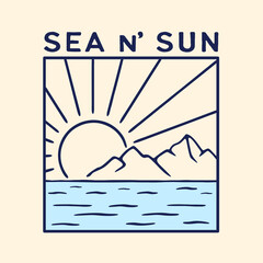 Sea and Sun Vector Illustration for T-Shirt, Poster, with Hand Drawn Line Art Style.