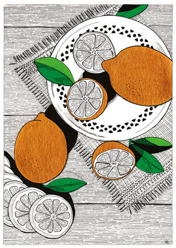 citron, assiette, tranche, vitamines, illustration graphique