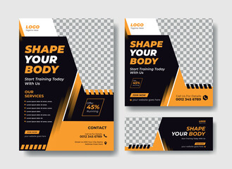 Gym flyer design template. Flyer, social media post and facebook cover design template for gym and fitness. Gym poster, banner and flyer template design set.