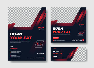 Gym flyer design template. Flyer, social media post and facebook cover design template for gym and fitness. Gym poster, banner and flyer template design set.