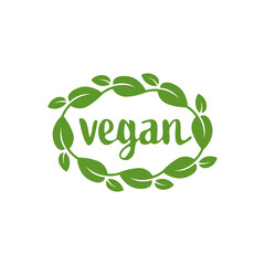 Art round frame with leaves. Vector isolated illustration. Vegan label.