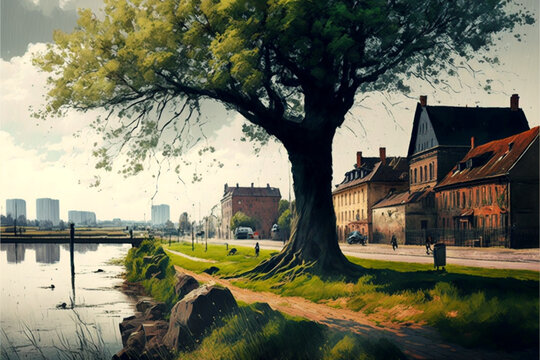 landscape with river oil painting old village