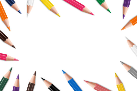 Pencils background. Scattered colored pencils. Mock up pencil or crayons. Colorful pencils frame border on White Background, realistic 3d vector illustration.