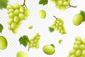 Falling juicy ripe grape with green leaves isolated on transparent background. Flying bunches of grapes with blurry effect. Can be used for wallpaper, banner, poster, print. Realistic 3d vector design