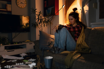 Sloppy depressed young Caucasian woman is sitting on sofa suffering from psychological problems. Depression and mental disorder