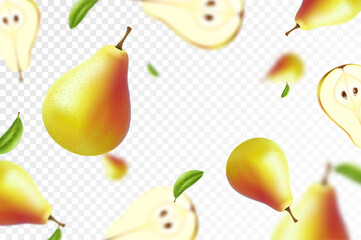 Ripe pear background. Flying juicy pear isolated on transparent background. Blurry effect. Can be used for wallpaper, banner, poster, print, fabric, wrapping paper. Realistic 3d vector illustration