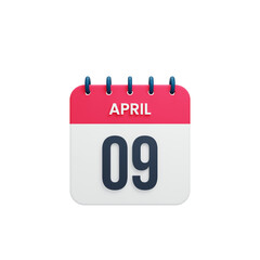 April Realistic Calendar Icon 3D Rendered Date April 09
