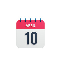 April Realistic Calendar Icon 3D Rendered Date April 10