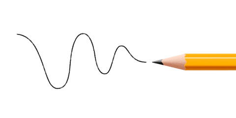 Black pencil drawing a wavy line, isolated on white background. stationery pencil mockup. Realistic 3d vector.
