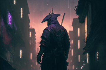 futuristic samurai standing on a building in cyberpunk city a rainy night, Generative AI