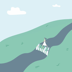 Concept: book is source of knowledge.Tiny girl like fairy crosses river on bridge consisting of books. Book as aid in overcoming difficulties and obstacles in life.Hand-drawn raster