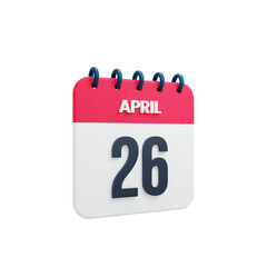 April Realistic Calendar Icon 3D Rendered Date April 26