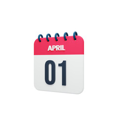 April Realistic Calendar Icon 3D Rendered Date April 01