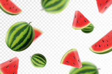 Watermelon background. Flying whole and sliced watermelon fruits with blurry effect. Can be used for advertising, packaging, banner, poster, print. Realistic 3d vector design