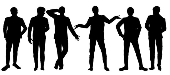 サラリーマン男性のシルエットセット 全身正面の6ポーズバリエーションイラスト