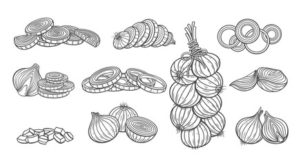 Onion line icons set vector illustration. Hand drawn outline whole onion bulb with leaf and peel, cut into half and slices, rings and pieces, raw food ingredient chopped for cooking salad or soup