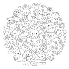 Vector Easter round line coloring page for kids with cute kawaii characters. Black and white spring holiday illustration with funny bunny, chicks, animals, eggs, flowers framed in circle.