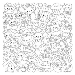 Vector Easter square line coloring page for kids with cute kawaii characters. Black and white spring holiday illustration with funny bunny, chicks, animals, eggs, flowers. Garden color book.
