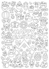 Vector Easter vertical line coloring page for kids with cute kawaii characters. Black and white spring holiday illustration with bunny, chicks, animals, eggs, flowers. Funny garden searching poster.