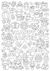 Vector Easter vertical line coloring page for kids with cute kawaii characters. Black and white spring holiday illustration with bunny, chicks, animals, eggs, flowers. Funny garden searching poster.