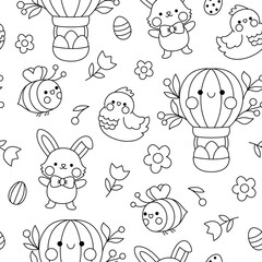 Vector black and white kawaii Easter or spring seamless pattern for kids. Cute cartoon repeat background, coloring page. Traditional symbols digital paper with bunny, chick, hot air balloon.