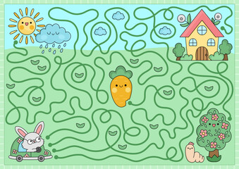 Easter maze for kids. Spring holiday preschool printable activity with kawaii car with bunny, country house. Garden labyrinth game or puzzle with cute characters, blossoming tree, worm, carrot, sun.