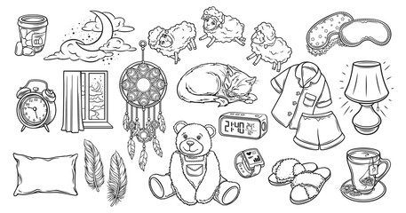 Time to sleep set of line icons vector illustration. Hand drawn outline home pillow and window with night moon, alarm and digital clock, earplugs and herbal tea, pajamas to sleep with good dreams