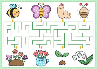 Spring maze for kids. Garden geometrical preschool printable activity with kawaii insects and flowers. Easter holiday labyrinth game or puzzle with cute bumblebee, butterfly, worm, beetle.