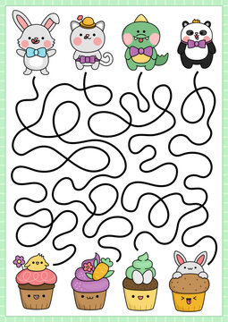 Easter maze for kids. Spring holiday preschool printable activity with kawaii animals and cupcakes with eggs, carrot, bunny, chick. Labyrinth game or puzzle with cute characters, cup cakes.
