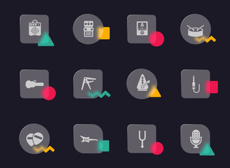musical store glass morphism trendy style icons. musical store transparent glass vector icons with color memphis figures. for web and ui design, mobile apps and promo business advertising