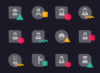 occupation glass morphism trendy style icons. occupation transparent glass vector icons with color memphis figures. for web and ui design, mobile apps and promo business advertising