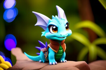 a small toy dragon sitting on a rock with a in a garden background made with generative AI made with Generative AI