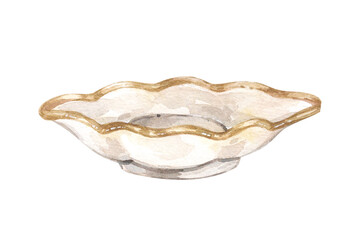 Watercolor vintage illustration with tea saucer decorated with gold. Isolated on white background.