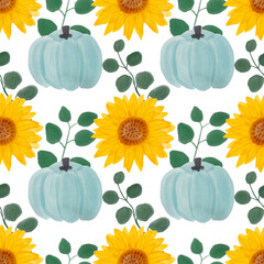 Sunflower watercolor seamless pattern. Yellow flowers garden farmhouse background. Summer flowers, autumn harvest flower with floral elements and pumpkin watercolor illustration on white background