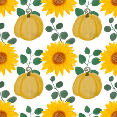 Sunflower watercolor seamless pattern. Yellow flowers garden farmhouse background. Summer flowers, autumn harvest flower with floral elements and pumpkin watercolor illustration on white background