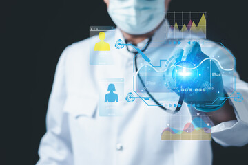 Medicine doctor and stethoscope in hand touching icon medical network connection with modern...